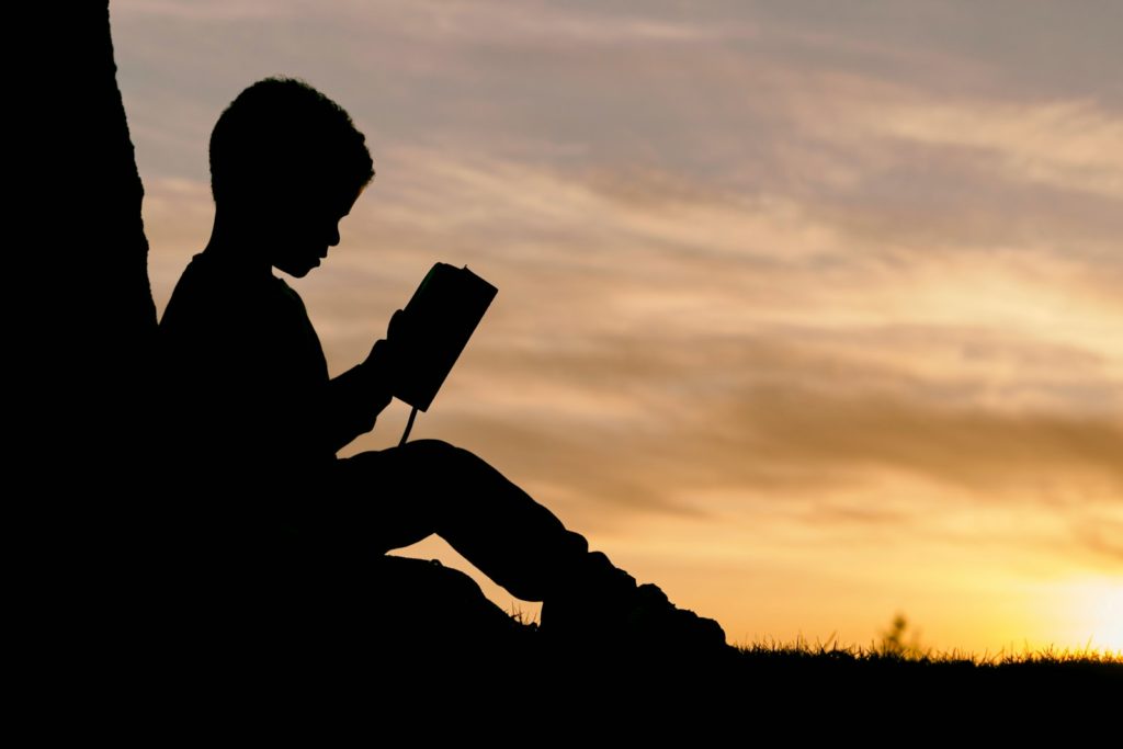 silhouette of child sitting behind tree during sunset